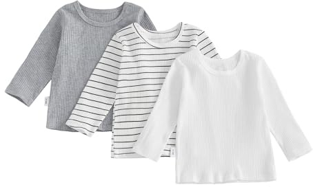 Toddler Kid Boys 3 Pack Shirt Solid/Striped Long Sleeve Round Neck T-Shirt Tops Spring Fall Cotton Pullover Baby Boy Top