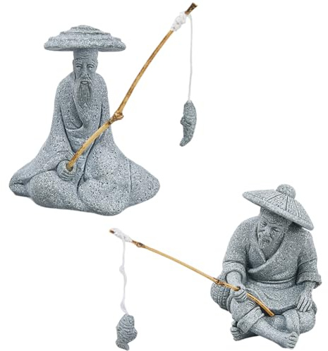 SUPERFINDINGS 2 Stücke 2 Stile Angelfigur Miniatur Sandstein Angler Figur Sitzende Angler Männer Ornament Mini Chinesischer Angler Mikro Landschaft Szene Deko Garten Statue Fisch Tank Deko