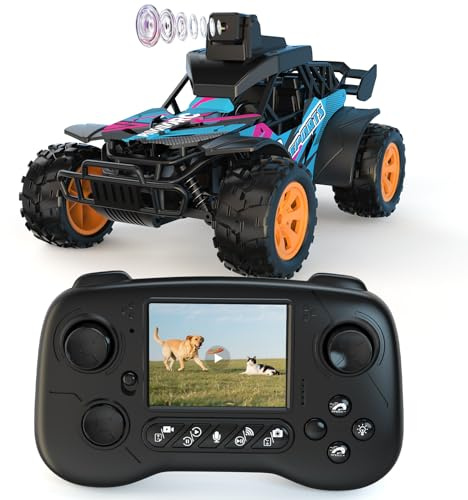 pisosorc Coche RC con Cámara, 2.4GHz con Pantalla LCD de 2.8 y Cámara Ajustable de 60°, Video en Vivo, Control Dual App/Radio, 2 Velocidades, Recargable para Todoterreno, Regalo para Niños y Adultos
