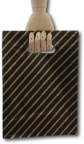 EPOSGEAR® Small Black and Gold Striped Gift Shop Boutique Punch Handle Plastic Carrier Bags 7 x 10 (180mm x 250mm) (100)