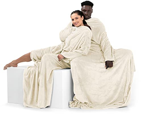 DecoKing Decke mit Ärmeln Geschenke für Frauen und Männer 150x180 cm Creme Microfaser TV Decke Kuscheldecke Weich Lazy
