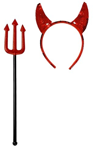 Lizzy 2pc Devil Costume Women Kids Girls | Red Sequin Headband with Red Glitter Fork Trident Devil Set Fancy dress Costume accessory Devil Pitchfork and Devil Headband
