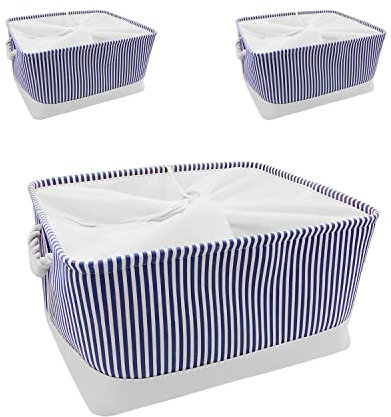 Mangata Fabric Storage Boxes, Xlarge Storage Baskets Set of 3 with Drawstring for Shelves Wardrobe (Blue Stripe, XLarge)
