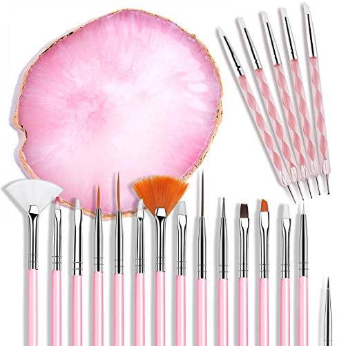 21 Pcs Nail Art Brushes Nail Art Tool Set Resin Palette Nail Art Painting Mixed Color 2 Way Acrylic Silicone Carving Pen Dotting Pen Tool Manicure Kit DIY Makeup Display Board for Home Salon, Pink