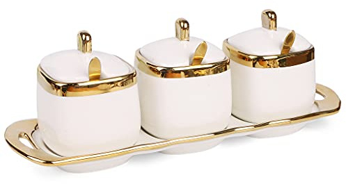 Fvstar Keramik-Zuckerschalen-Set, Salzbehälter, Gewürzbehälter, Porzellan, Gewürztöpfe, Pfefferboxen mit Deckel, Löffel, Tablett und gratis selbstklebenden Aufklebern, Etiketten (weiß)