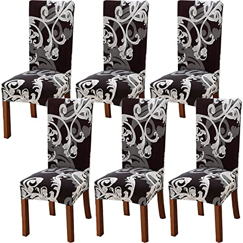 Xundefeng Funda para Silla De Comedor Fundas para Sillas Pack 6 Piezas Respaldo Alto Flor Marrón Oscuro Cantilever Elásticas Ajustable Estampadas Modernas Jacquard Cubierta Cocina