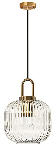 HJXDtech Industrielle Vintage Pendelleuchte mit Geripptem Glas Lampenschirm und Bronze-Finish, Moderne Retro Deckenleuchte Hängelampe für Nachttisch Kücheninsel (Klar, 20cm)