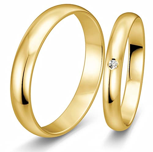 123traumringe Eheringe in 333 Gold I Partnerringe mit Brillant & Etui I Gravierbare Eheringe mit Ringgröße 50-72mm I Damenring in 3mm Breite + Herrenring in 4mm Breite & 1,3mm Stärke I P21/P22