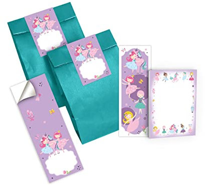 Junapack 12 Lesezeichen + 12 Mini-Notizblöcke + 12 Geschenktüten (Petrol) + 12 Aufkleber Ballerina Einhorn Mitgebsel Gastgeschenk beim Kindergeburtstag Mädchen