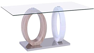 Vente-unique-Mesa de Comedor Ayane - Cristal Templado y MDF - Roble y Blanco