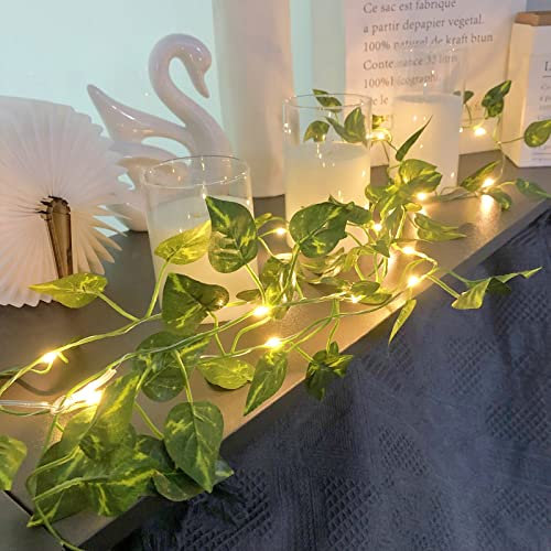 Künstlicher Epipremnum Golden hinterlässt LED-Lichterkette Hängende Rebe Girlande Efeu Kranz gefälschte Efeu Pflanze für Büro Party Garten Dekoration (10m/100 Lichter, Epipremnum Golden)
