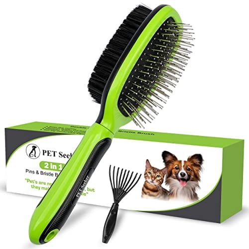 Pet Seeker Double Sided Dog Brush, Grooming Brush with Rounded Pins & Bristles, Dog Brushes for Grooming with Anti Slip Handle & Free Cleaning Tool.