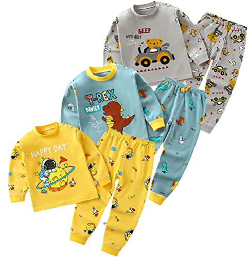 XM-Amigo Bébé Garçons 3 Ensembles Pyjama 100% Coton Doux Haut et Pantalon | Imprimé motifs animés, tissu en coton doux, utilisable comme pyjama ou sous-couche automnale et hivernale