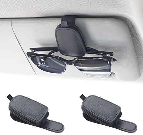 Yuoyar Sunglass Holder for Car, Magnetic Leather Sunglasses Holder and Ticket Card Clip, Car Visor Accessories, 2 Packs (Black)
