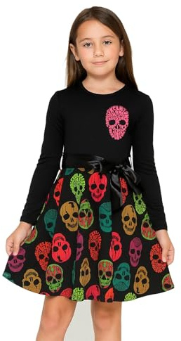 A2Z 4 Kids Girls Skull Print Long Sleeve Skater Dress Halloween Style | Flared Party Outfit With Round Neck For Costume Events And Wear Ages 5-13