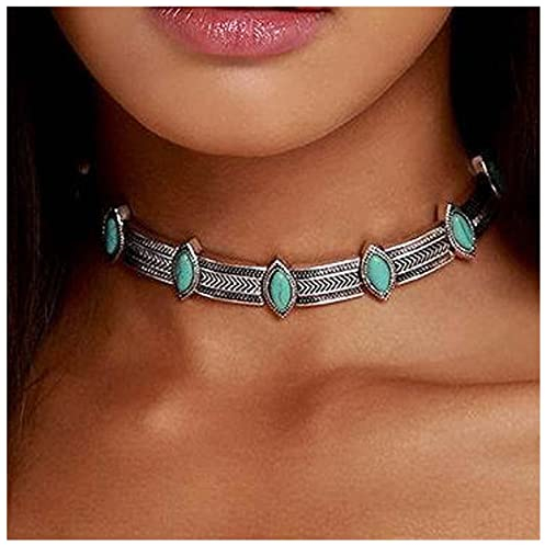 Allereya Vintage Türkis Choker Halskette - Blauer Stein, Silber Kurze Kette, Punk Klobig Kragen Schmuck für Frauen und Mädchen
