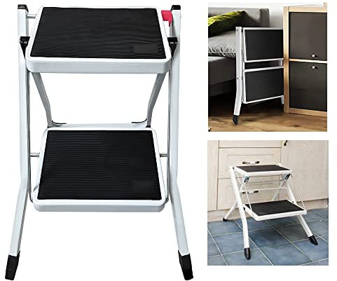 Folding Step Stool 2 Step Ladder Heavy Duty Metal Stepping Stools for Adults Kids, Lightweight Portable Collapsible Small Stool Kitchen Ladder with Anti-Slip Wide Pedal 330Ibs Capacity