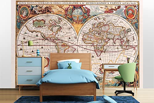 Vlies Fototapete ANTIKE WELTKARTE VON 1630 375 x 250 cm (inkl. Kleister) - Vlies Tapete, Wandtapete, Wandbilder - Tapete für Wohnzimmer Schlafzimmer, Büro, Küche - Montagefertig