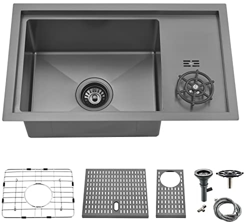 23 Inch Undermount Black Bar Sink With Glass Rinser, Doirteal 23x15x9 Inch 16 Gauge Gunmetal Black Stainless Steel Workstation Kitchen Bar Sink With Cup Washer BL37S-2