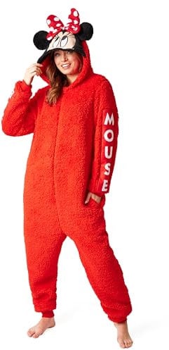 Disney Pigiama Donna Intero - Pigiamone Stitch in Pile con Zip e Cappuccio S-2XL - Pigiami Interi Oversized per Ragazza (Rosso Minnie, L)