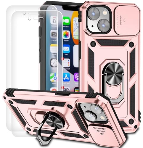 Dechyi Cover per Iphone 14 6.1 Pollici con Vetro Temperato Custodia con Scorrevole Protezione Fotocamera Custodia Rotante Anello Supporto Antiurto TPU Bumper Custodie-Rosa