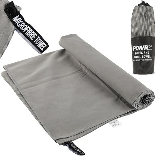 POWRX Micro Fiber Handtuch Set - Schnell trocknendes Microfaser Handtuch für Fitness, Strand und Sport - Strandtuch Microfaser - Großes Handtuch 152x76cm inkl. praktischer w Tasche - hellgrau
