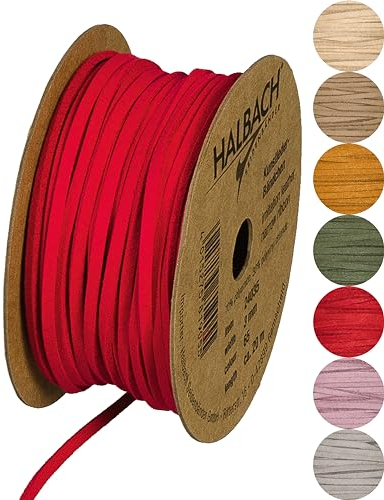 Halbach Seidenbänder veganes Lederband | Breite 3mm Länge 20m | Kunst Lederschnur zur Herstellung von Armbändern | 100% veganes Lederimitat Band für DIY Handwerk, Farbe: rot