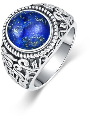 BETHZA Lapislazuli Ringe für Herren 925 Sterling Silber Vintage Biker Punk Ring Oval Edelstein Ring für Vater Jungen Größe 57