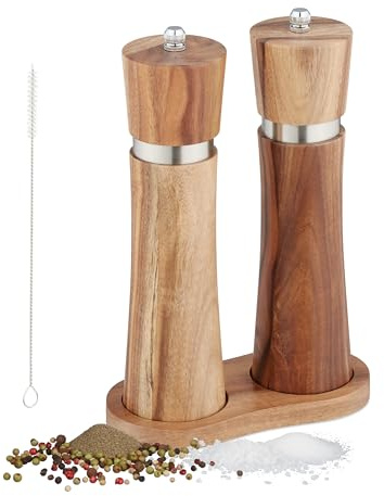 Relaxdays Salz und Pfeffermühle 2er Set, manuell, Untersetzer, Keramikmahlwerk, Akazienholz & Edelstahl, braun/Silber | Keramikmahlwerk, Akazienholz & Edelstahl