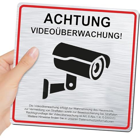 Schild Videoüberwachung, DSGVO Hinweis Warnschild Kamera, 15 x 15cm Aluminium Schild Kameraüberwachung, Ideal Zur Kamera Attrappe, Achtung Videoüberwachung für Privatgrundstück, Einbruchschutz