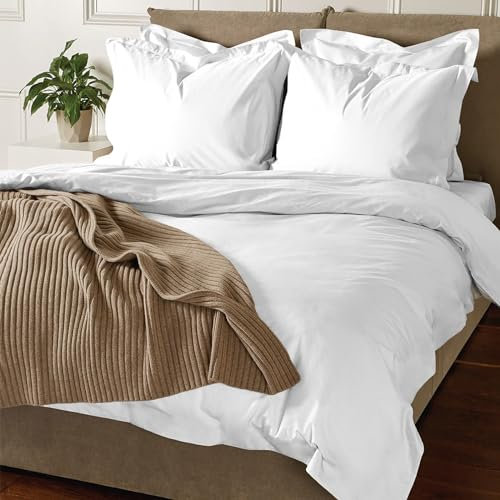 Pizuna Coton Luxueux Ensemble de Housses de Couette 200x200 cm 2 Personnes Blanc, Tissu de Satin de Coton à 800 Fils au Pouce carré Housse de Couette Respirante avec Fermeture à Boutons