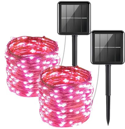 Clearhill 2er-Pack Solar-Lichterketten, Gesamt 20M/65.6FT Rosa 600 LED, Kupferdraht-Lichterketten mit 8 Modi, Wasserdichte Solar-Gartenbeleuchtung für Terrasse, Garten, Bäume, Weihnachten
