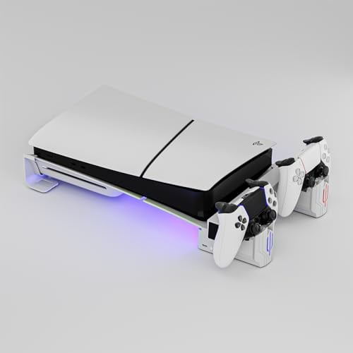Hosanwell PS5 Slim Horizontal Bracket, Cooling Bracket with Dual Controller Charger for Playstation5 Slim, RGB Lights and Cooling Fan Stand, White
