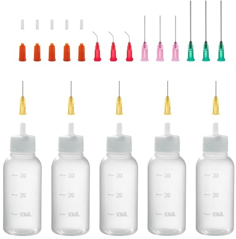 Needle Bottle Applicator 30ml 5Pcs, Precision Needle Tip Glue Bottle with 14 Dispensing Fine Needles and 12 Caps for DIY Craft Refilling Glue, Acrylic Paint, Oil (30ml)
