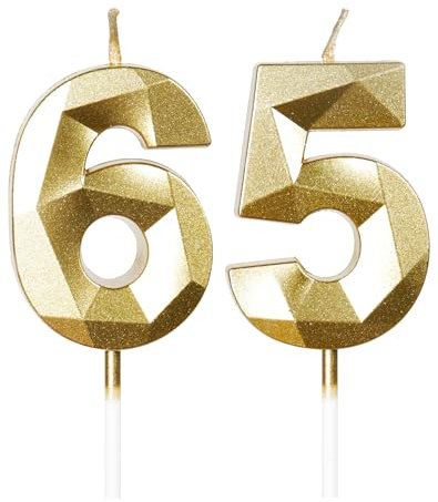 mciskin Gold 65th Birthday Candles, 3D Number 65 Candles for Cake, Women Men 65th Birthday Decorations,Pearl Gold Candle Cake Topper Decorations for Birthday Party Weddings Anniversary Supplies