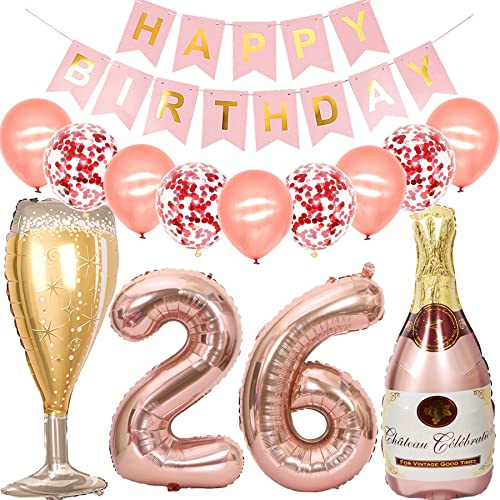 Feelairy Luftballon 26. Geburtstag Deko Frau, Rosegold Folienballon Weinflasche Sektflasche Helium Ballon Champagner Flasche, Girlande Happy Birthday Deko für Geburtstagsdeko 26 Jahre Frauen