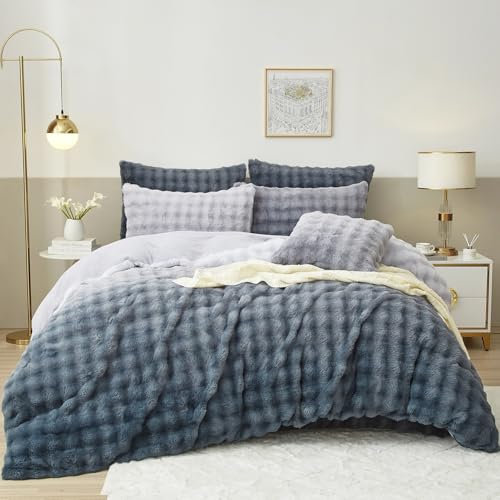 Luofanfei Winter Plüsch Bettwäsche 135 x 200 Blau Grau Warme Kuschelig Flauschig Flanell Bettwäsche Set Winterbettwäsche Microfaser Fleece Bettbezug und Kissenbezug 80x80 mit Reißverschluss