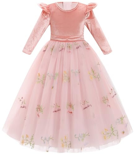 IDOPIP Robe Automne Hiver Fille Rose Velours Brodée Fleurs Manches Longues Tulle Princesse Bal Officiel 5-6Y