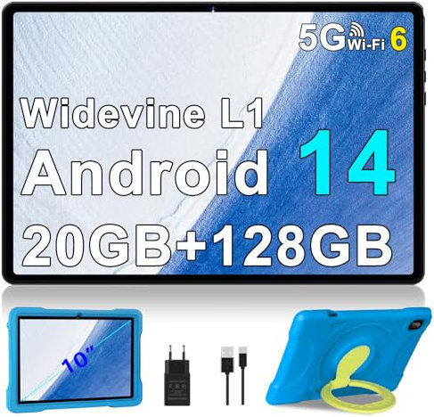 Tablet 10 Pulgadas Android 14 Tablet Niños/Familiar20GB RAM+128GB ROM (TF 1TB), Octa-Core, Widevine L1, 5G WiFi 6, Bluetooth 5.0, 5MP+5MP, Control Parental, 1280 * 800, Niños Space con EVA Caso - Azul