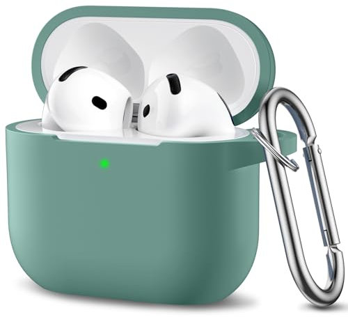 Ouwegaga Hülle Kompatibel mit Apple AirPods 4 Hülle 2024 - Weiches Silikon Schutzhülle für AirPods 4 Case, Stoßfeste Hülle für AirPods 4 Generation, Front-LED Sichtbar, Mit Karabiner, Kieferngrün