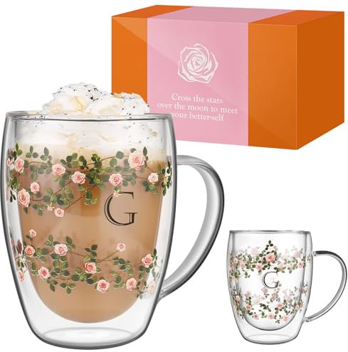 Aoshin Personalized Gifts for Women, Rose Initial Glass Cup, 12oz Double Walled Glass Coffee Mugs with Scarf, Birthday Gifts for Women, Initial Iced Coffee Glass Mugs, Personalized Christmas Gifts G