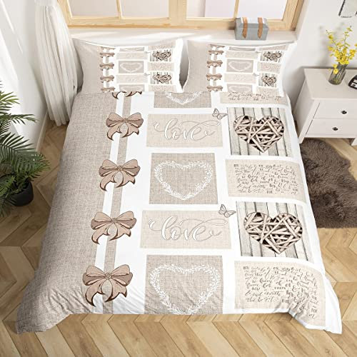 Homemissing Girls Lovely Housse de Couette 240x260cm Retra Kaki Blanc Parure de Lit Noeud Papillon Love Heart Decor Housse de Couette Microfibre Douce Housse de Couette pour Femme Couples Amoureux