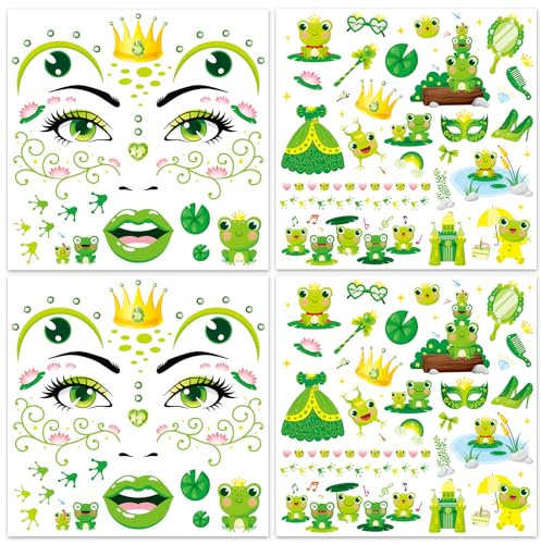HOWAF 4 Bogen Gesichtstattoo Frosch Tattoo, Face Tattoo Frosch Temporäre Tattoos, Gesichtstattoo Karneval Gesichtstattoo Halloween für Frosch kostüm, Halloween Kostüm, Karneval Fasching Kostüm