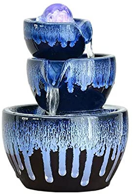Indoor Waterfall Fountains 3 Layers Ceramic Bowl Tabletop Water Fountain Indoor Relaxation Water Fountains Feng Shui Waterfall Fountain with Rolling Ball for Home Living Room Office Decor（blue） Tablet