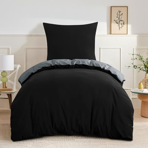 RUIKASI Bettwäsche 155x220 Schwarz Grau 2teilig - Wendebettwäsche Bettbezug 155 x 220 mit Reißverschluss, Oeko-TEX Mikrofaser Bettwäsche Sets, Weich und Bügelfrei