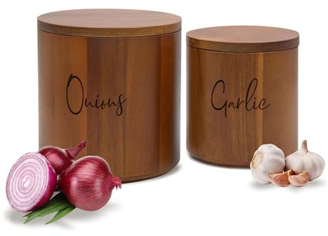 HOMEWOOD Stockage d'Oignons & d'Ail Set de 2 – Contenants empilables en bois d'acacia pour légumes – Pots à oignons & Pots à ail pour la cuisine - Version Anglais