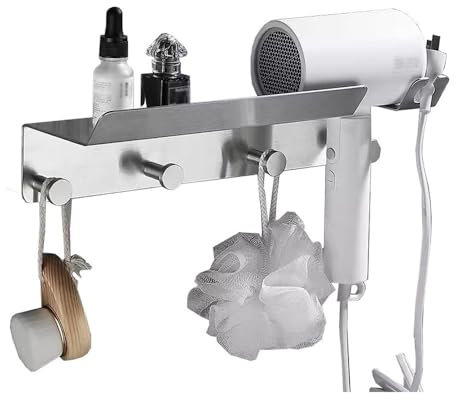 Étagère Douche Étagère de salle de bain, support de rangement multifonctionnel en acier inoxydable brossé avec support for sèche-cheveux et 4 crochets, étagère de salle de bain adhésive murale Porte-S