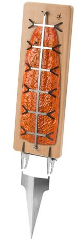 FEUERGOTT Flammlachsbrett Premium - Buchenholz mit Edelstahl-Halterung zum Grillen und Räuchern von Lachs, Forellen - für Feuerschale, Grill, Lagerfeuer