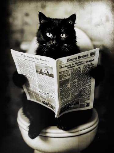 KUSTOM ART Poster mural décoratif série animaux meuble toilette chat avec journal sur eau impression artistique sur papier couché 40 x 30 cm sans cadre