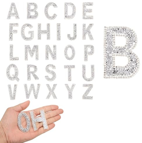 QUARKZMAN 26 Stück Strass-Bügelbuchstaben, A-Z Selbstklebende Glitzernde Strass-Alphabet-Buchstaben-Aufkleber-Applikationen für DIY-Jacken, Hüte, Kleidung, Rucksäcke, Silber